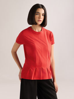 DILLINGER - Women's Red Solid Regular Fit Lycra Jersey Round Neck T-shirt