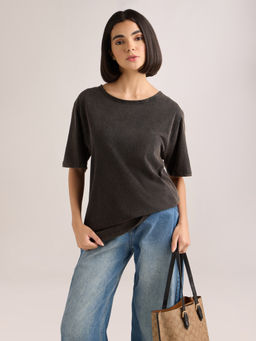 DILLINGER - Women's Black Solid Oversized Slub Jersey Acid Washed Boat Neck T-shirt