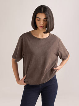 DILLINGER - Women's Brown Solid Oversized Slub Jersey Acid Washed Boat Neck T-shirt