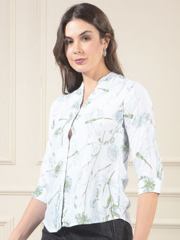 CRIMSOUNE CLUB - Women's Green Floral Print Mandarin Neck Linen Shirt