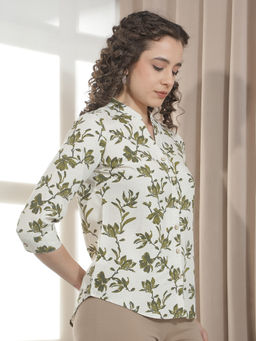 CRIMSOUNE CLUB - Women's Green Floral Print Mandarin Neck Linen Shirt