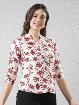 CRIMSOUNE CLUB - Women's Red Floral Print Mandarin Neck Linen Shirt