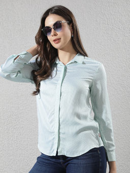 CRIMSOUNE CLUB - Women's Green Vertical Striped Modal Shirt