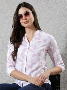 CRIMSOUNE CLUB - Women's Pink Floral Print Mandarin Neck Linen Shirt