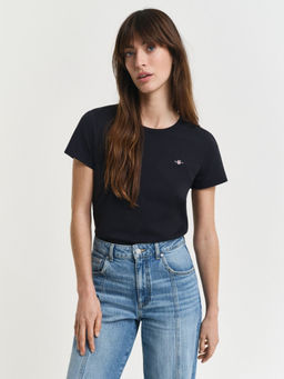 GANT - Women's Black Solid Regular Fit Pure Cotton T-Shirt