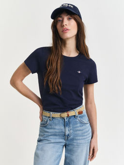 GANT - Women's Navy Blue Solid Regular Fit Pure Cotton T-Shirt