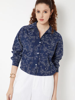 max - Women's Navy Blue Embroidered Shirt