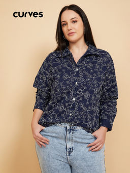 max - Women's Navy Blue Embroidered Shirt