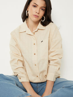 max - Women's Beige Oversized Checked Shirt