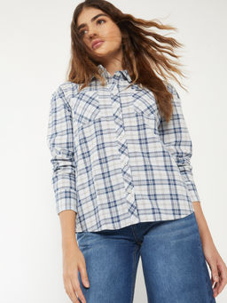 max - Women's Blue Checked Slim Fit Shirt