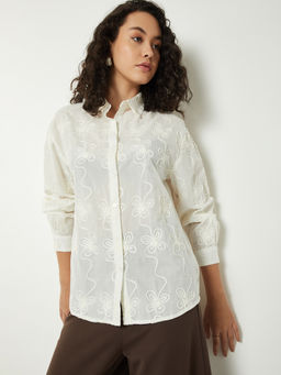 max - Women's Cream Embroidered Oversized Shirt