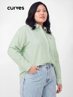 max - Women's Green Striped Regular Fit Shirt