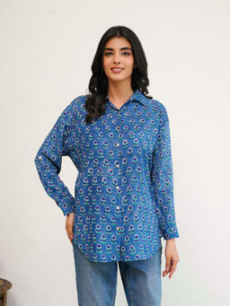 GOODHAND - Women's Blue Block Floral Printed Cotton Meher Shirt