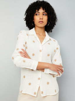 max - Women's Off White Floral Embroidered Shirt