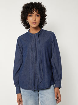 max - Women's Blue Solid Denim Shirt