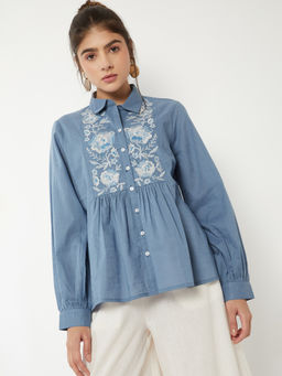 max - Women's Blue Embroidered Shirt