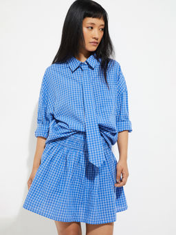 max - ALAYA F x URB_N Women's Blue Checked Oversized Shirt with Tie
