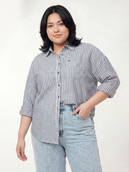 max - Women's Navy Blue Striped Oversized Shirt