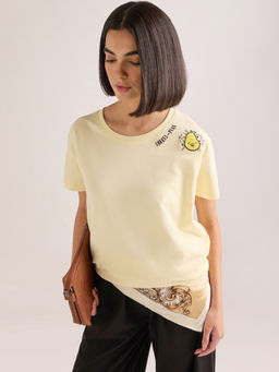DILLINGER - Women's White Embroidery Boxy Regular Fit French Terry Cotton T-shirt