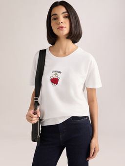 DILLINGER - Women's White Embroidery Boxy Regular Fit French Terry Cotton T-shirt