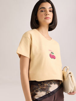 DILLINGER - Women's Yellow Solid Boxy Regular Fit French Terry Cotton T-shirt