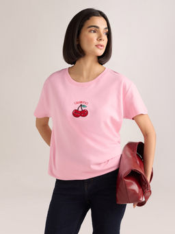 DILLINGER - Women's Pink Embroidery Boxy Regular Fit French Terry Cotton T-shirt