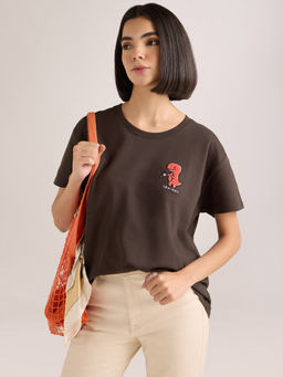 DILLINGER - Women's Brown Embroidery Boxy Regular Fit French Terry Cotton T-shirt