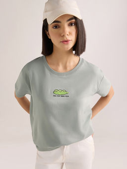 DILLINGER - Women's Grey Embroidery Boxy Regular Fit French Terry Cotton T-shirt