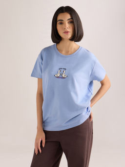 DILLINGER - Women's Blue Solid Boxy Regular Fit French Terry Cotton T-shirt