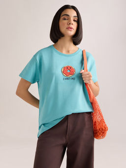 DILLINGER - Women's Blue Embroidery Boxy Regular Fit French Terry Cotton T-shirt
