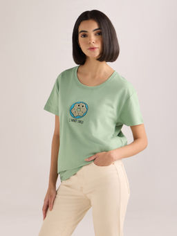DILLINGER - Women's Green Embroidery Boxy Regular Fit French Terry Cotton T-shirt