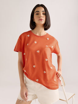 DILLINGER - Women's Orange Embroidery Boxy Regular Fit French Terry Cotton T-shirt