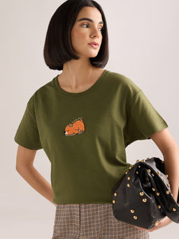 DILLINGER - Women's Olive Solid Boxy Regular Fit French Terry Cotton T-shirt