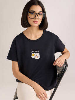 DILLINGER - Women's Black Embroidery Boxy Regular Fit French Terry Cotton T-shirt