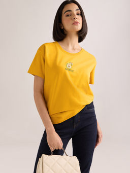 DILLINGER - Women's Yellow Embroidery Boxy Regular Fit French Terry Cotton T-shirt
