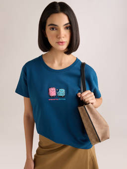 DILLINGER - Women's Blue Solid Boxy Regular Fit French Terry Cotton T-shirt