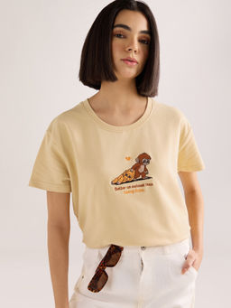 DILLINGER - Women's Beige Embroidery Boxy Regular Fit French Terry Cotton T-shirt