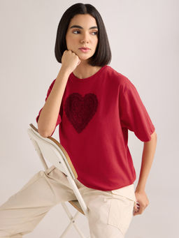 DILLINGER - Women's Red Laces Detailed Oversized Round Neck Cotton T-shirt