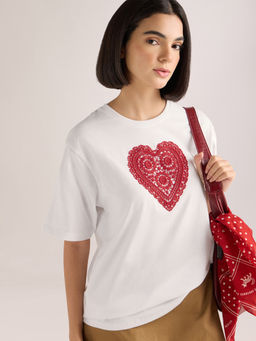 DILLINGER - Women's White Laces Detailed Oversized Round Neck Cotton T-shirt