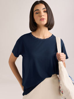 DILLINGER - Women's Navy Blue Solid Boxy Regular Fit Modal Fabric T-shirt