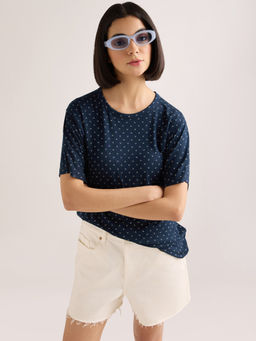 DILLINGER - Women's Navy Blue Printed Relaxed Fit Modal Fabric Round Neck T-shirt