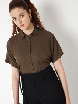 max - Women's Brown Solid Regular Fit Shirt