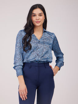 FableStreet - Satin Animal Print Shirt - Blue
