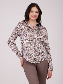 FableStreet - Satin Animal Print Shirt - White and Brown