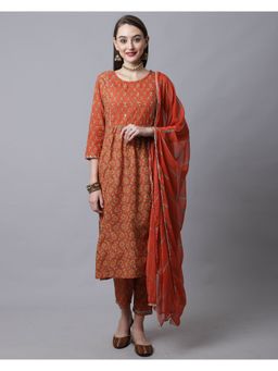 Rajnandini - Pure Cotton Jaipuri Printed Hand Work Kurta With Dupatta - Orange (Set of 3)