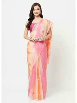 La Vastraa - Hand Painted Pink-Orange Shaded Chiffon Saree With Unstitched Blouse