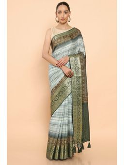 Soch - Women Green Silk Stripes Saree with Unstitched Blouse