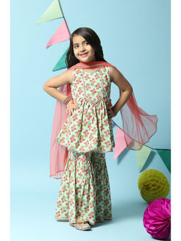 Biba - Girls Turquoise Printed Cotton Flared Sharara (Set of 3)