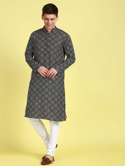 Sanwara - Printed Patterned Cotton Black Mens Trendy Look Kurta with Payjama (Set of 2)