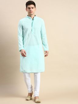 Sanwara - Men Sea Green Thread Work Chikankari Cotton Kurta with Payjama (Set of 2)